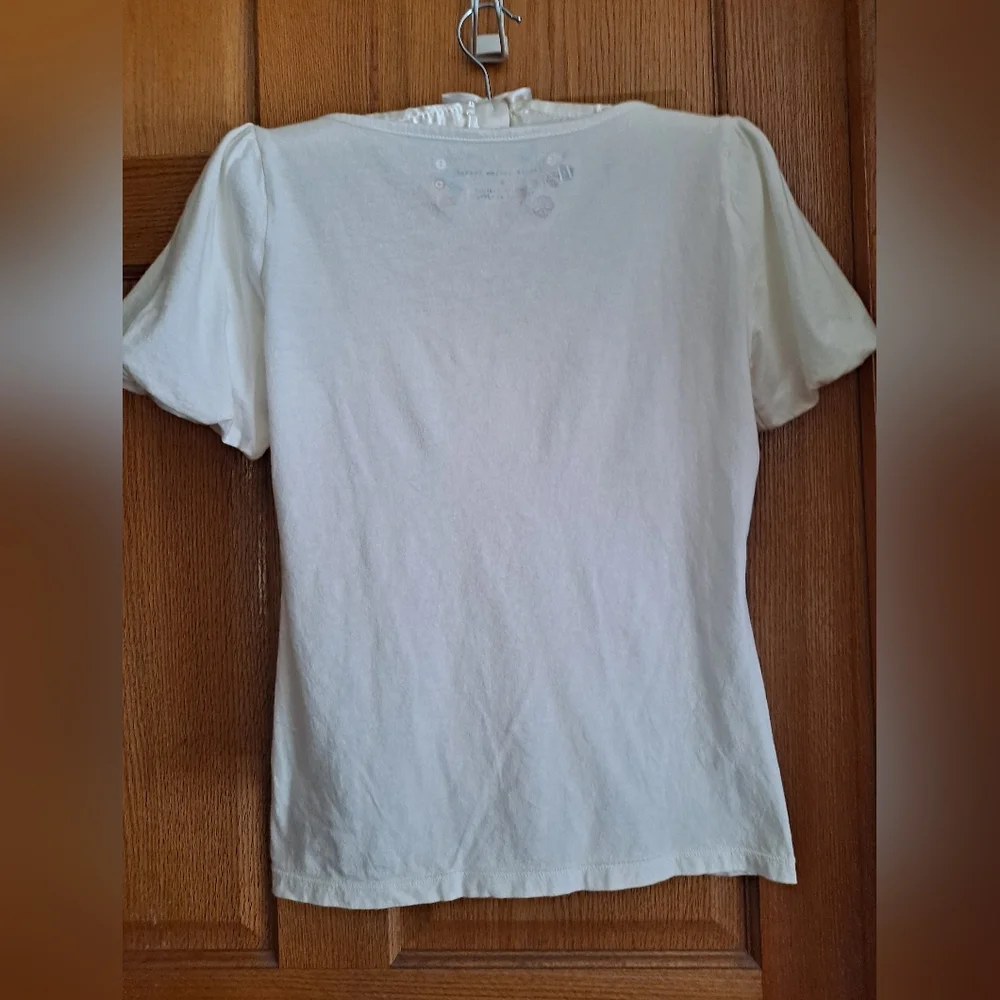 Anthropologie Little Yellow Button Cream Ruffled Top with Puff Sleeves